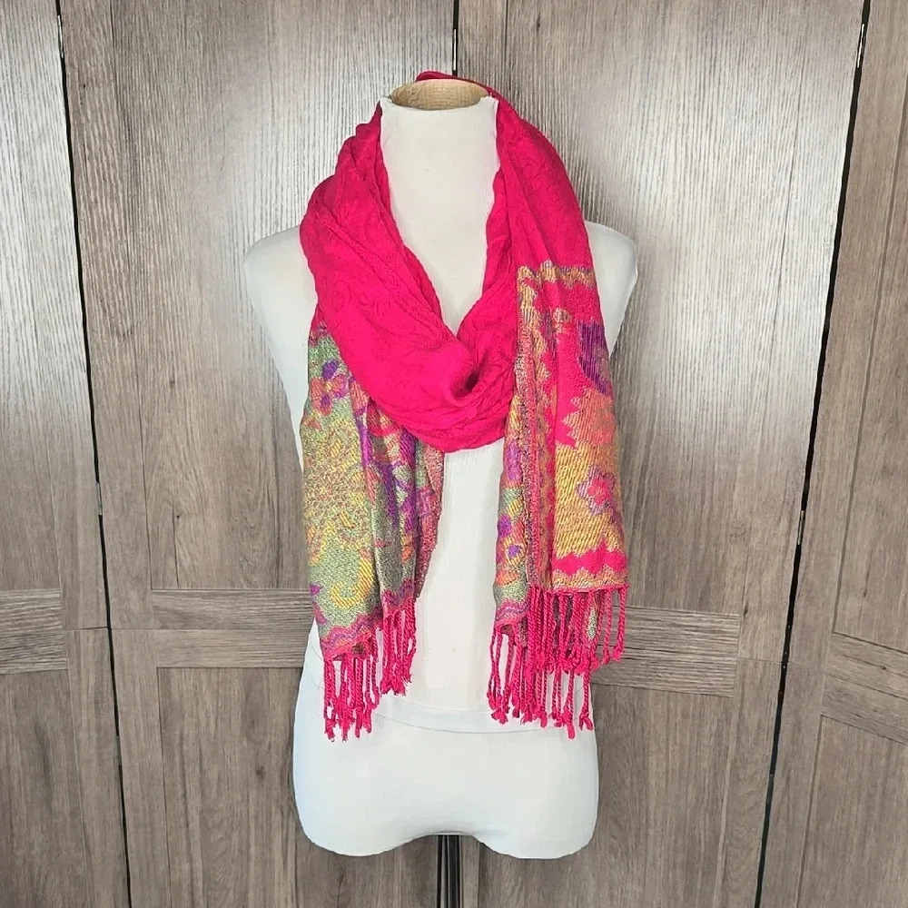 Pink Multicolor Fringe Scarf Boho Lightweight Oversized Wrap